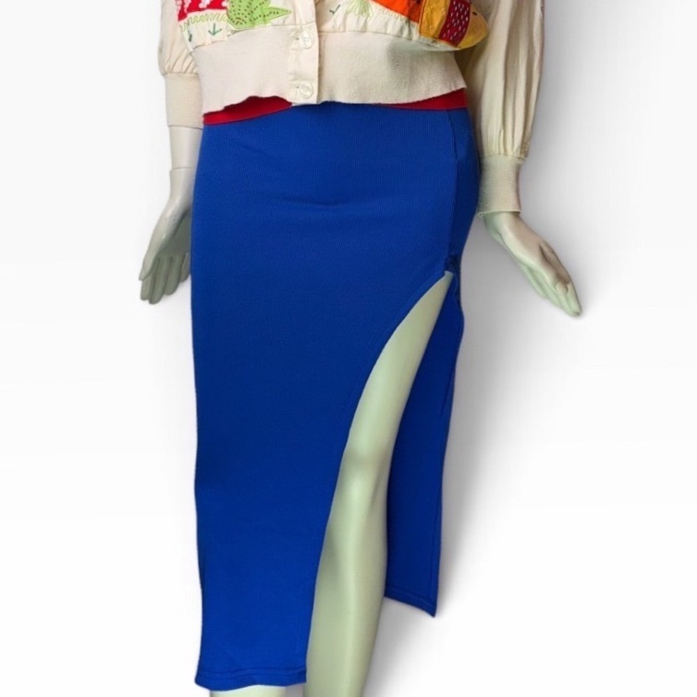 Blue BodyCon Midi Skirt Ribbed Knit Side Slit Royal Blue Streetwear Dopamine M